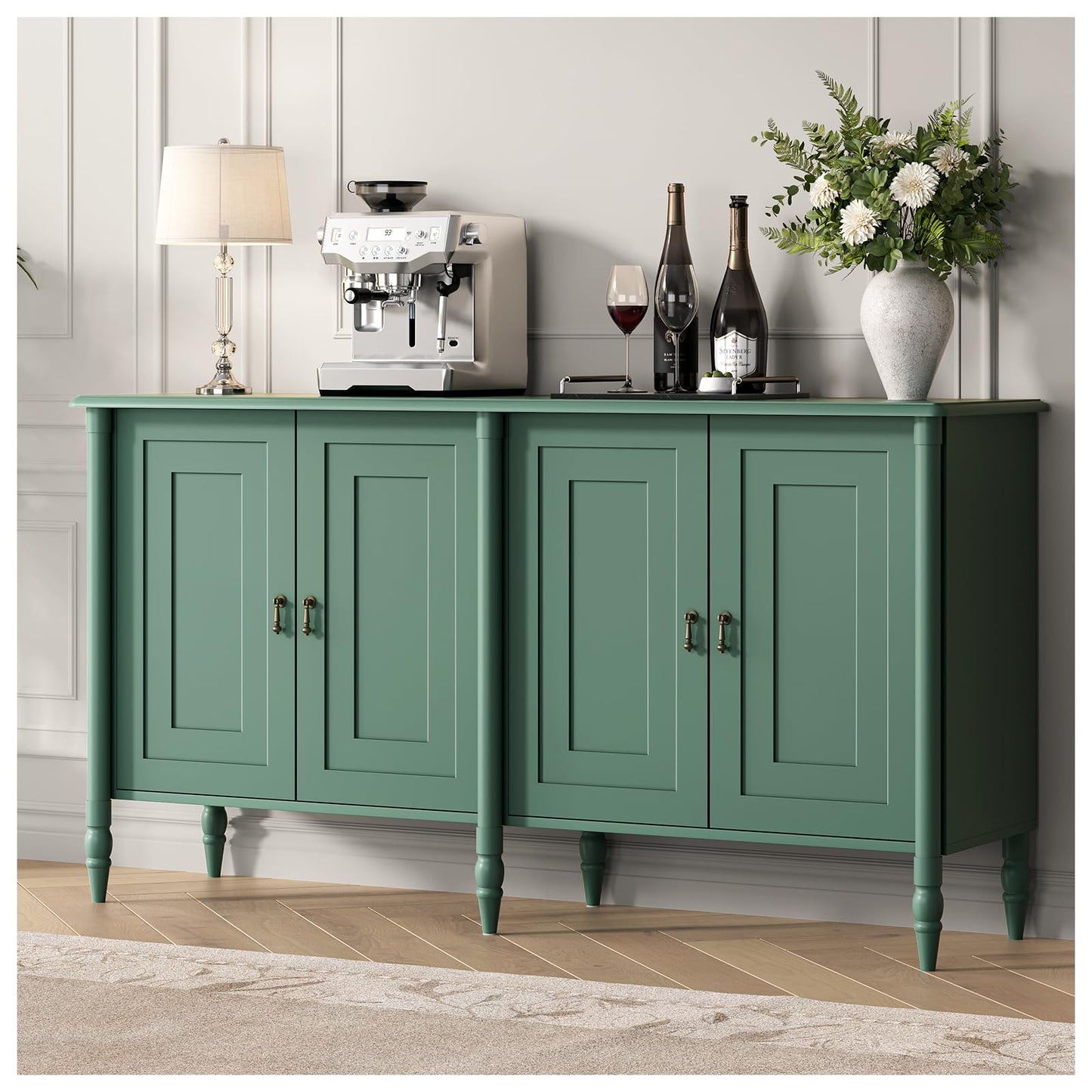 JOINICE 59" Sideboard Buffet Cabinet with Storage,Vintage Credenza with Adjustable Shelves & Solid Wood Legs,Accent Cabinet for Living Room,Dining Room,Kitchen,Bar,Entryway,Hallway,TV Console,Green