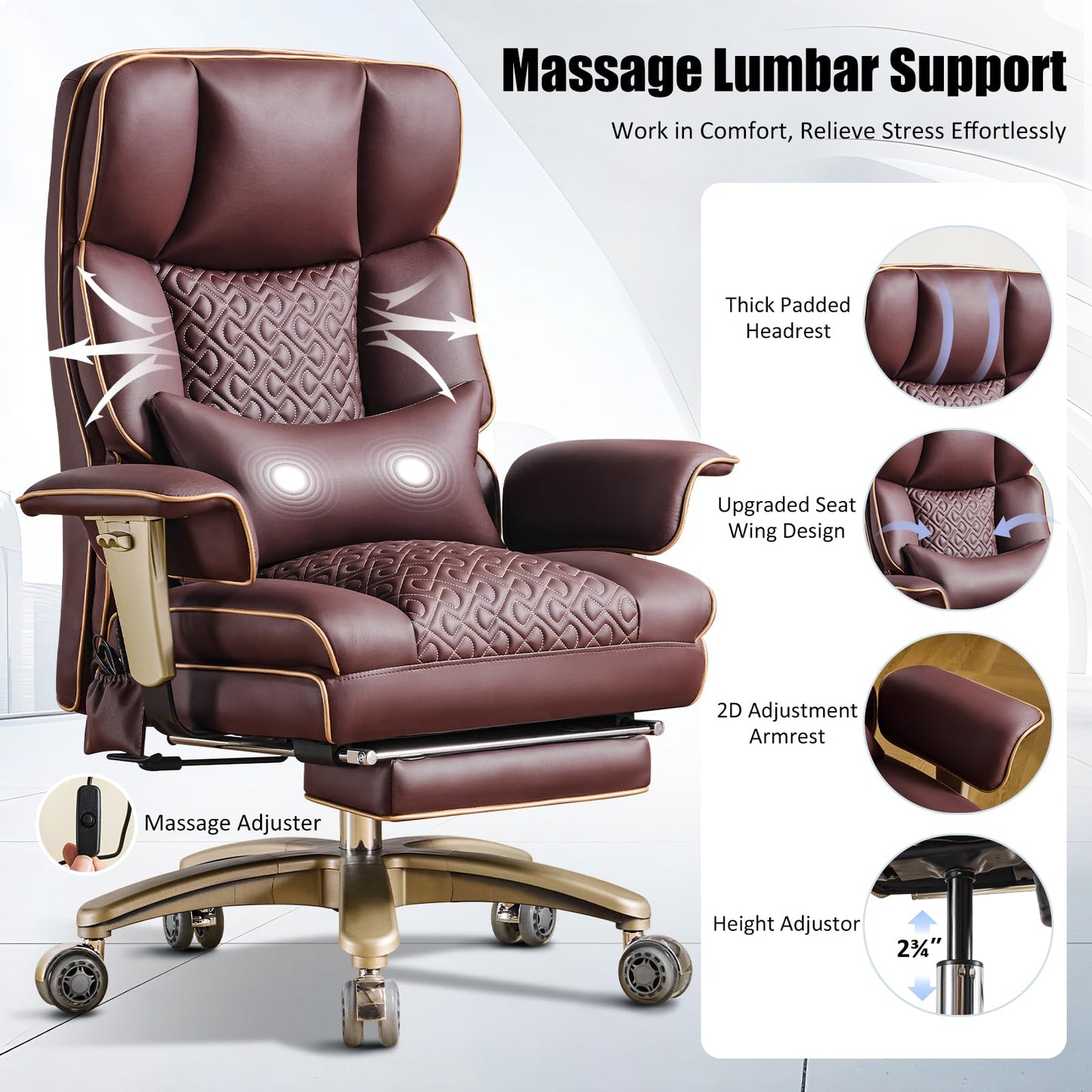 Executive Desk Chir with Adjustable Air Back Support, Luxury Ergonomic PU Leather Office Chair with Lumbar Massage High-Back 3-Level Tilt 360° Swivel Silent Wheels Height Adjustment,Footrest, Brown