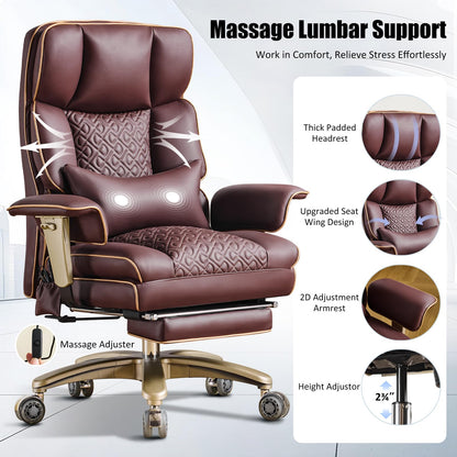 Executive Desk Chir with Adjustable Air Back Support, Luxury Ergonomic PU Leather Office Chair with Lumbar Massage High-Back 3-Level Tilt 360° Swivel Silent Wheels Height Adjustment,Footrest, Brown