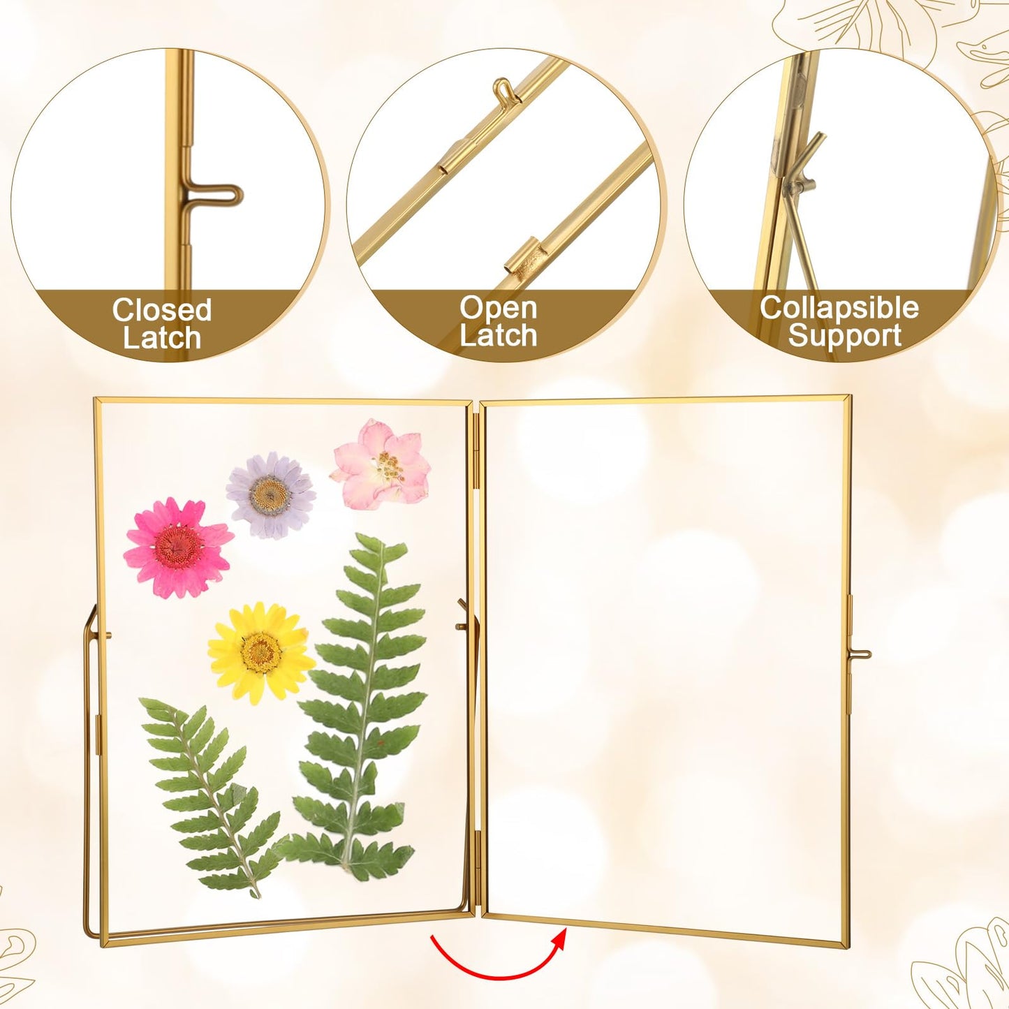 Vicenpal 3 Pack Glass Pressed Flower Frame Handmade, 6 x 8 Floating Picture Frames for Pressed Flowers, Brass Double Glass for Tabletop Display, Home Office Plant Specimen, Photos(Gold)