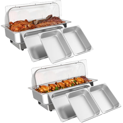Garvee Electric Chafing Dish Buffet Set, 9 qt Roll Top Food Warmer With Transparent PC Lid, with 1 Full-Size Pan & 2 Half-Size Stainless Steel Chafer for Catering Parties(2 Packs)