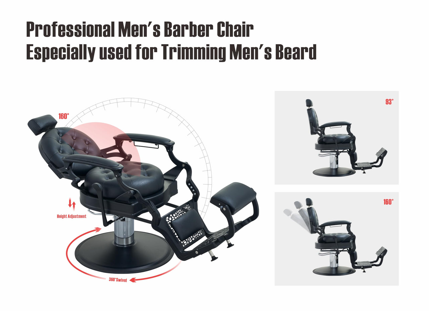 Coczeb Barber Chair Heavy Duty (700LB Capacity) - Professional Multi-Function Salon Chair for Hairdressing, Beauty, Tattoo, Massage(All Black)