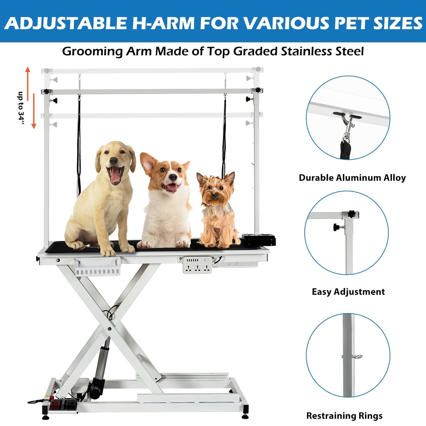 50" Hydraulic Dog Grooming Table for Pet, Professional Electric Dog Groom-ing Table, Heavy Duty Height Adjustable Pet Grooming Tabl-e with Grooming Arm &Anti Slip Tabletop, Capacity Up to 300LB, White