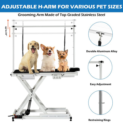 50" Hydraulic Dog Grooming Table for Pet, Professional Electric Dog Groom-ing Table, Heavy Duty Height Adjustable Pet Grooming Tabl-e with Grooming Arm &Anti Slip Tabletop, Capacity Up to 300LB, White