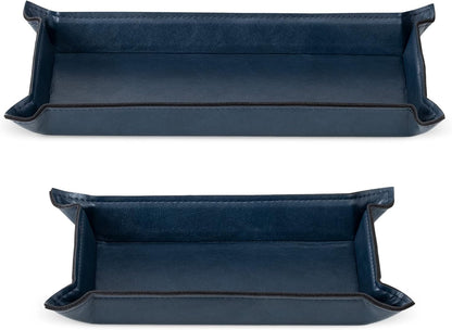 Navaris Faux Leather Tray Set - 2 Navy Blue Valet Organizer Trays for Bedside Table, Night Stand, Desk Storage