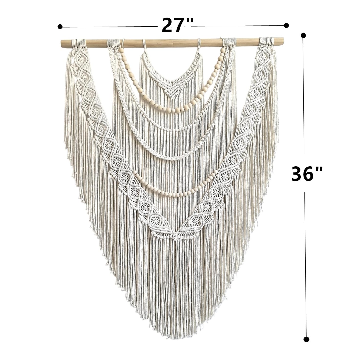 guzhiou Large Macrame Wall Hanging, 27'' W x 36'' L Boho Art Tapestry Wall Decor for Urban entryway,Living Room,Bedroom Decor, headboard Woven, Big Fiber Art Over Couch (Wood Bead)