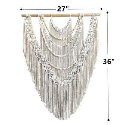 guzhiou Large Macrame Wall Hanging, 27'' W x 36'' L Boho Art Tapestry Wall Decor for Urban entryway,Living Room,Bedroom Decor, headboard Woven, Big Fiber Art Over Couch (Wood Bead)
