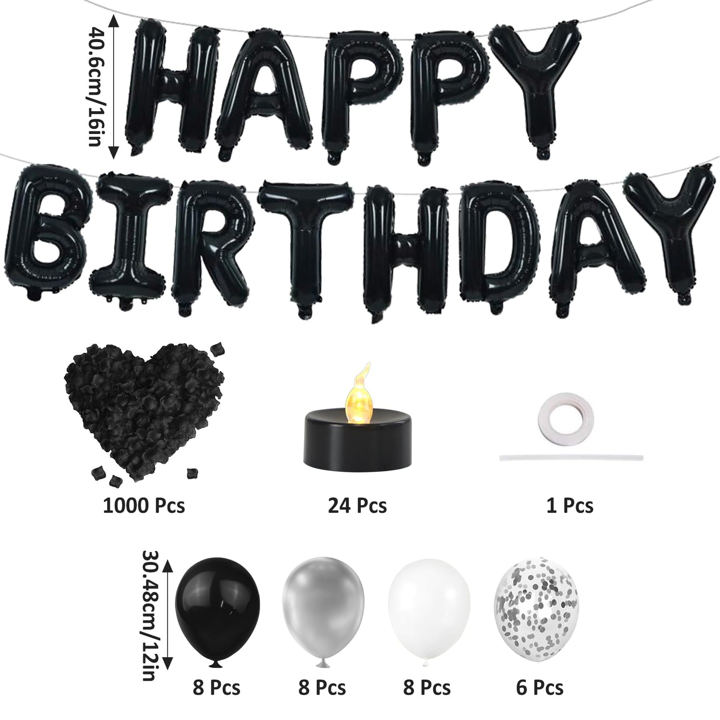 Birthday Decorations for Men - Black and Silver Birthday Decorations Include Letter Balloon Banner & Balloons & 1000 PCS Rose Petals & 24 Pack LED Tealight Candle, Black and Silver Party Supplies