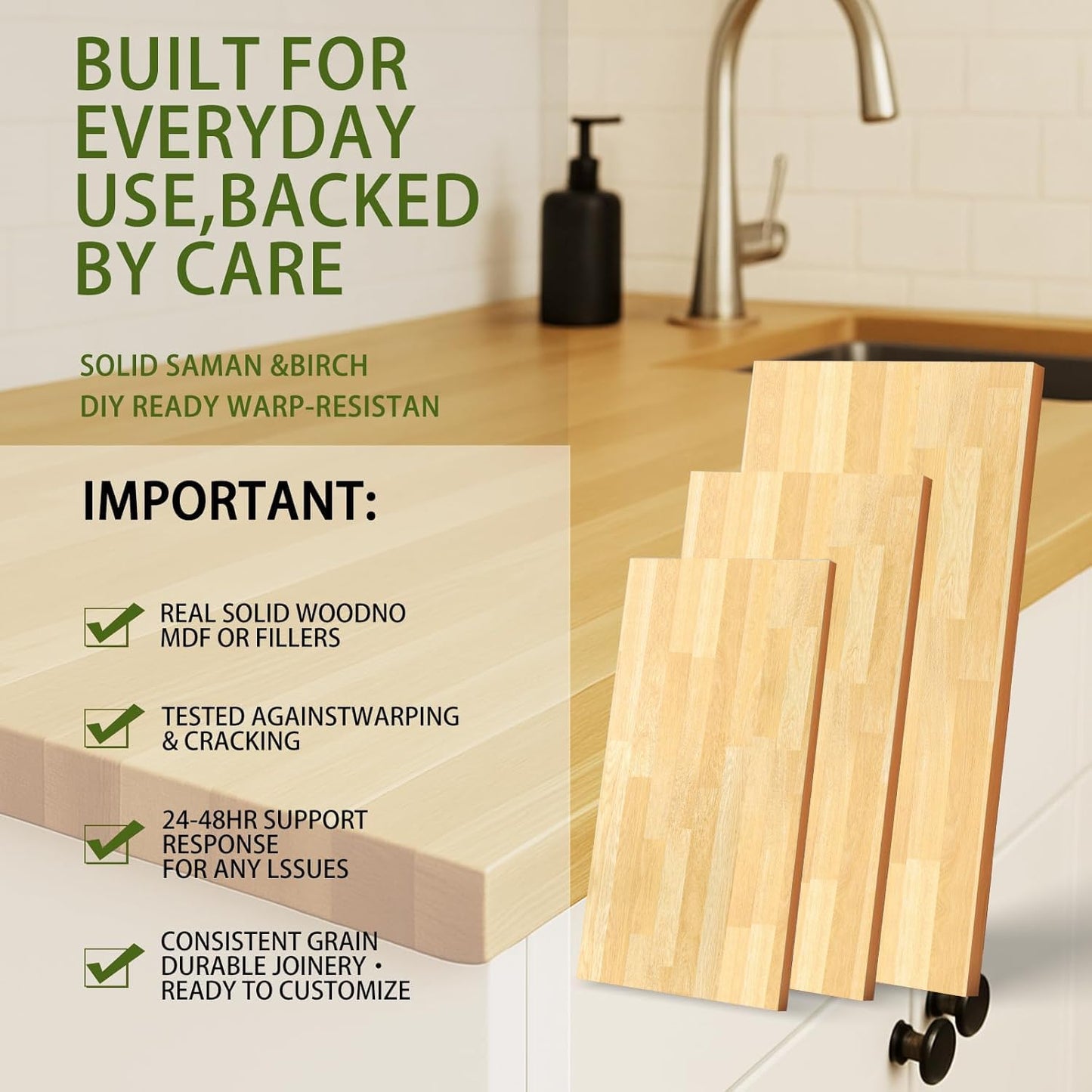 6ft Butcher Block Countertop–72" x 25" Solid Birch Wood DIY Countertop, Durable Counter Table Tops for Kitchen Island, Bar, Workshop, Laundry Counters Dining Room Tables 1.5" Thick Unfinished
