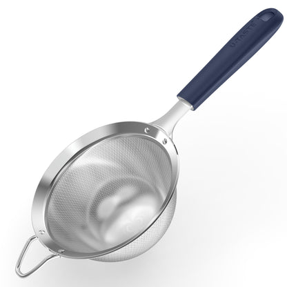 U-Taste Medium Fine Mesh Strainer: 18/8 Stainless Steel 4.73in 30 Mesh Kitchen Food Sieve with Sturdy Riveted Silicone Handle, Heavy Duty Deep Handheld Metal Colander for Rice, Quinoa(Midnight Blue)