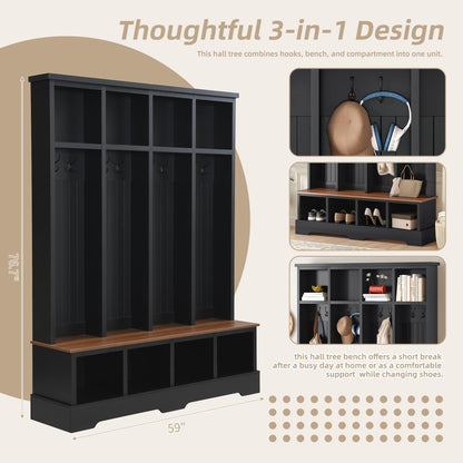 Merax Farmhouse Hall Tree with Bench and Shoe Storage, 59" Entryway Bench with Coat Rack, 3-in-1 Hall Tree with Top Compartments and 8 Hooks for Hallway, Living Room, Black