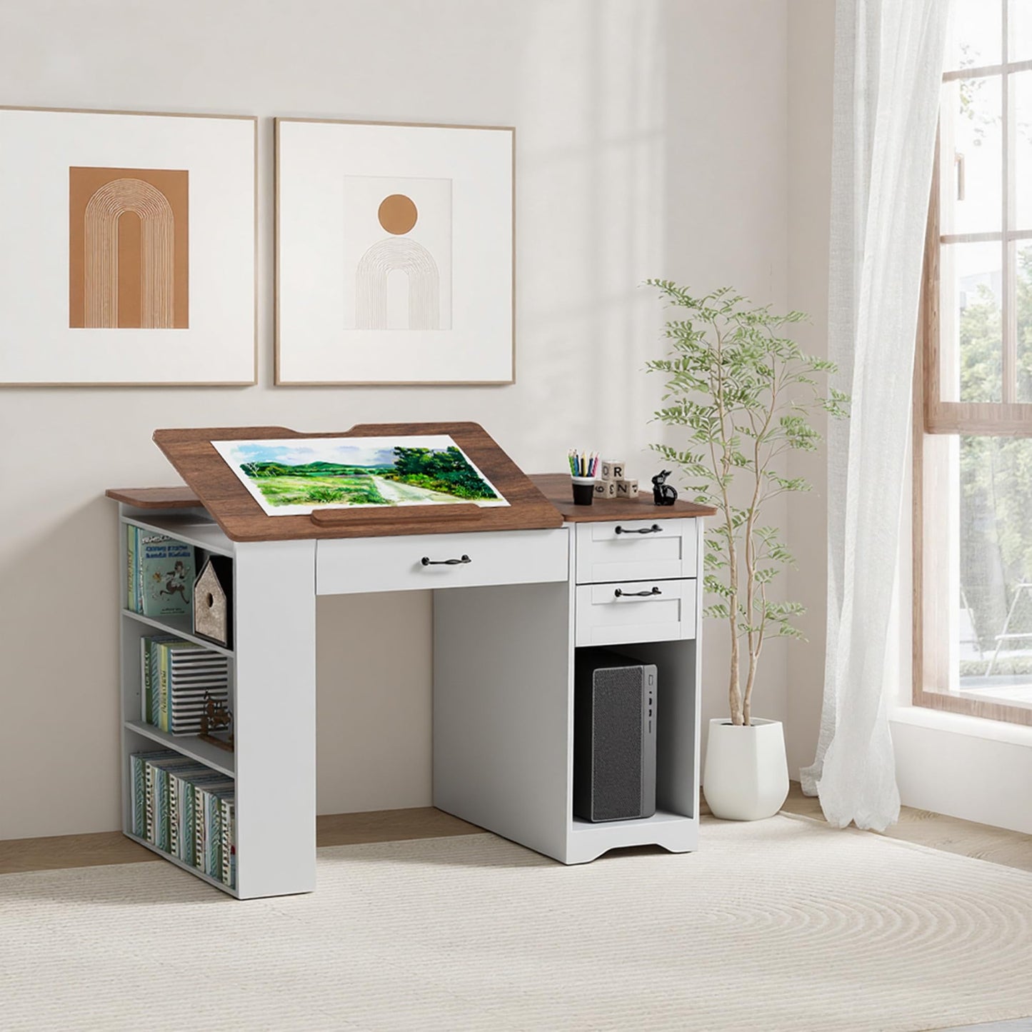 GatherHome Drafting Table with Storage Cabinet & Drawers, Adjustable Drawing Table with Open Shelves, Craft Art Desk for Artists, Painters, Drawing, Crafting, Reading, Writing, Working