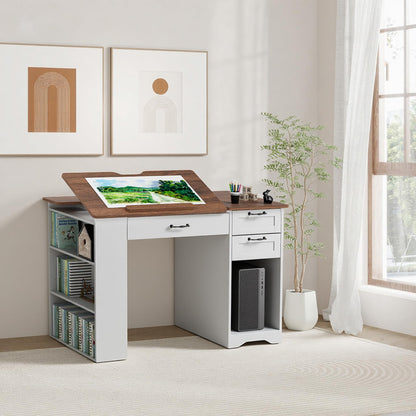 GatherHome Drafting Table with Storage Cabinet & Drawers, Adjustable Drawing Table with Open Shelves, Craft Art Desk for Artists, Painters, Drawing, Crafting, Reading, Writing, Working