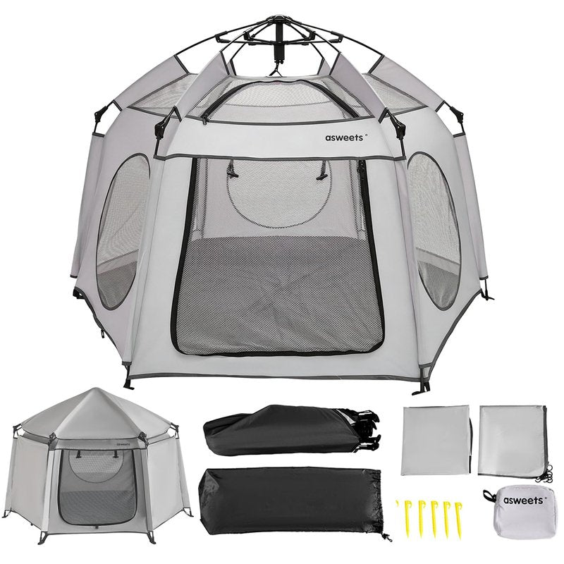 Asweets 4 in 1 Pop Up Playpen Indoor and Outdoor Portable, Lightweight Baby Playpen with Travel Bag,Baby Beach Tent and Play Toddler Play Yard Canopy(Light Grey)