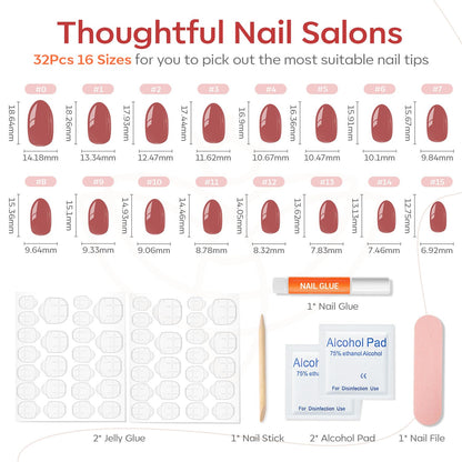 modelones Pink Short Press on Nails, Fall Halloween Oval Fake Nails Kit Press Ons with Nail Glue, Adhesive Tabs, Nail File, Prep Pad, Manicure Stick, 32Pcs 16 Sizes