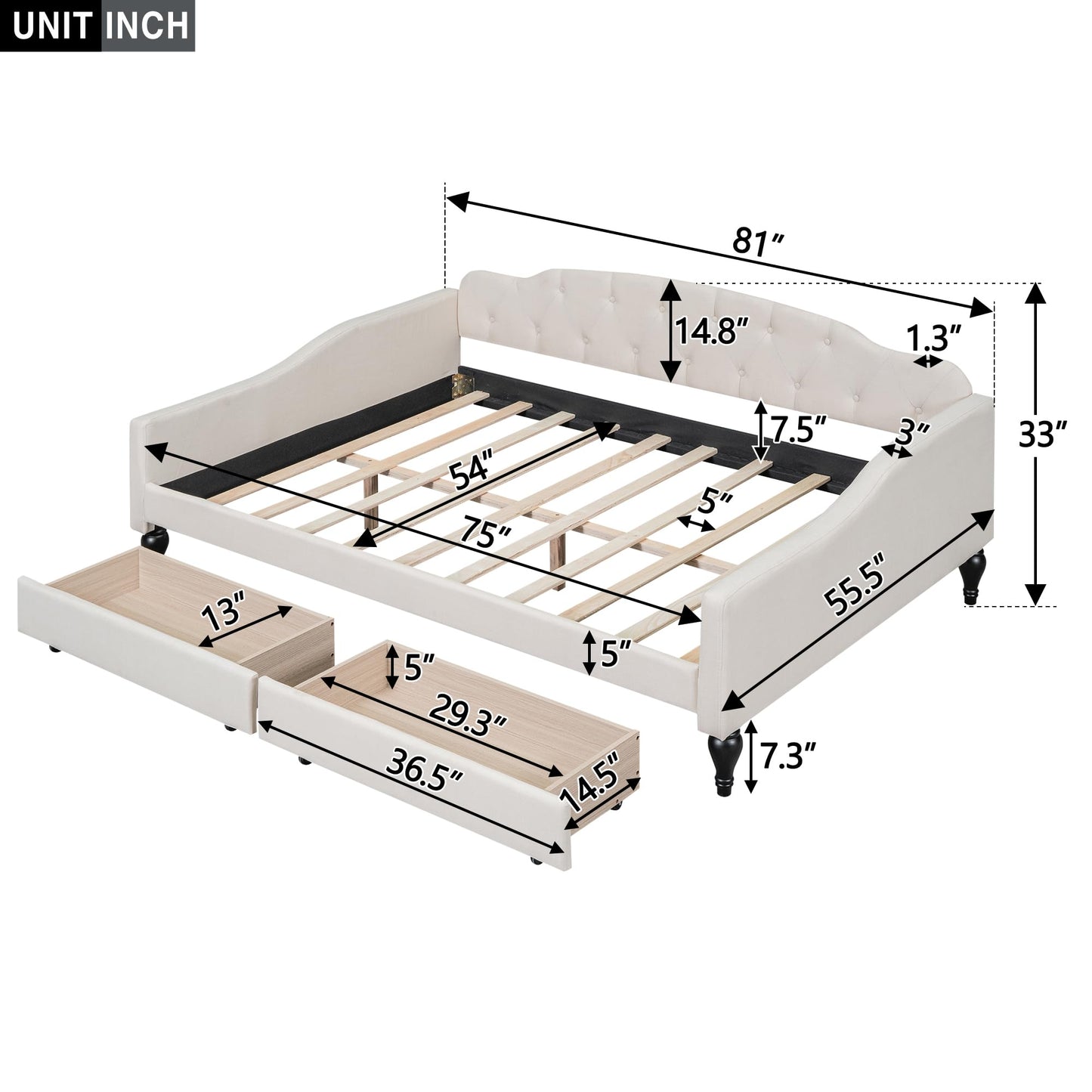 Acosure Full Size Upholstered Tufted Daybed with Two Storage Drawers,Linen Sofa Bed,Easy Assemble & No Box Spring Needed,Perfect for Small Space,Bedroom,Livingroom,Guest Room, Beige