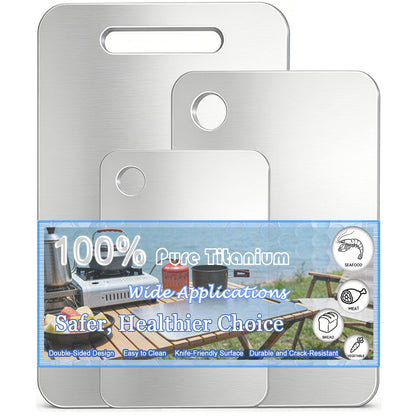 100% Pure Titanium Cutting Board Set of 3, Double-Sided Titanium Cutting Boards for Kitchen Dishwasher Safe, Camping Metal Charcuterie Chopping Board Mat for Meat, Fruit & Cheese (M+L+XL)