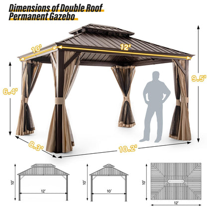 LAUSAINT HOME 10'x12' Hardtop Gazebo, Outdoor Aluminum Frame Permanent Metal Pavilion with Double Roof, Privacy Curtains & Mosquito Nettings for Patio, Lawn & Garden, Brown