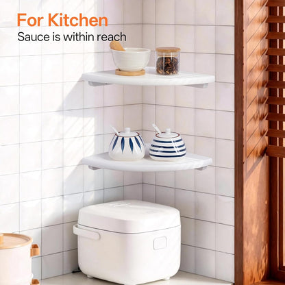 7inch Gieanoo White Corner Wall Shelf Solid Oak Wood Floating Corner Shelf with Wire Hole Corner Wall Storage Display