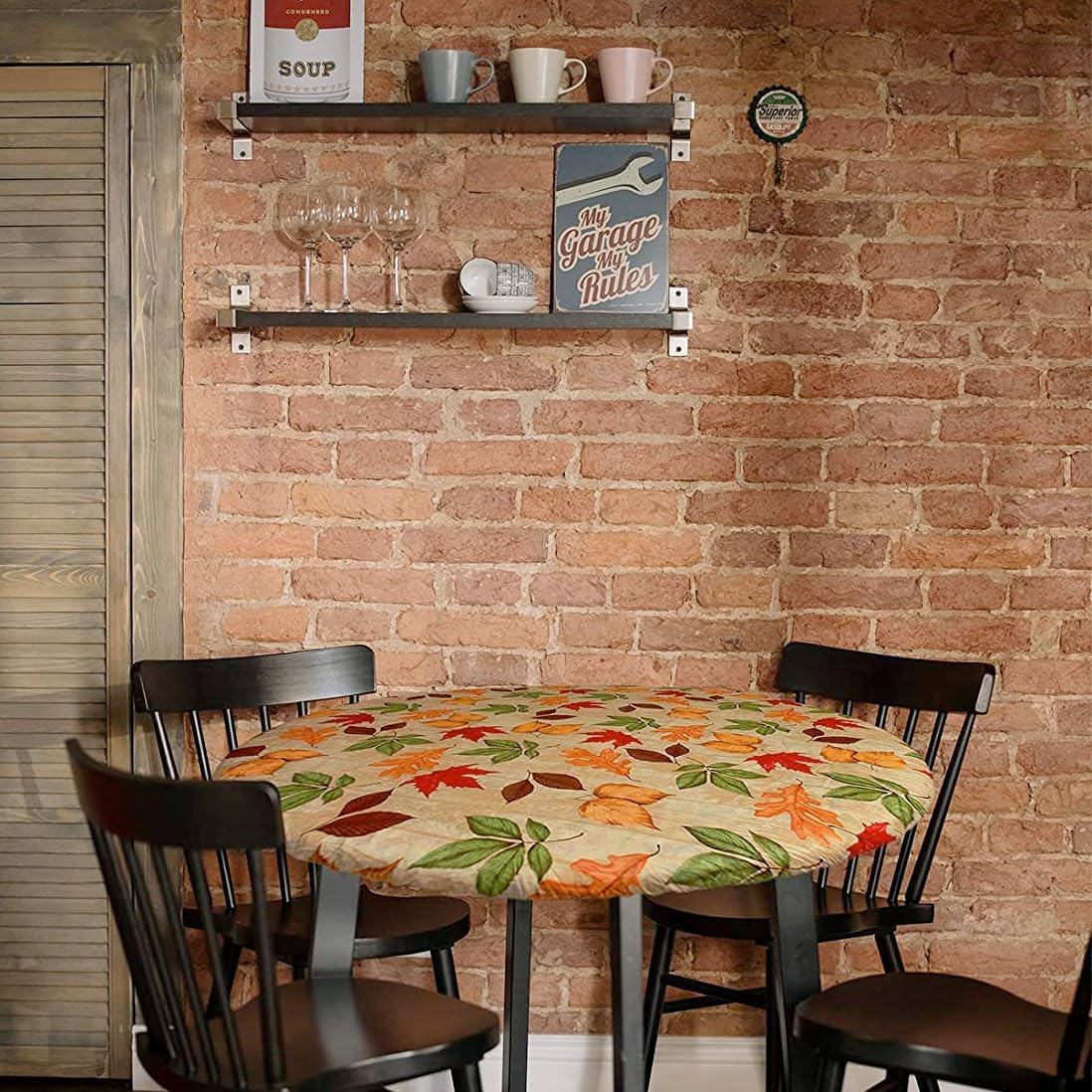 Deluxe Elastic Edged Flannel Backed Vinyl Fitted Table Cover - Large Round Oblong Oval - All-Over Leaves Pattern - Fits