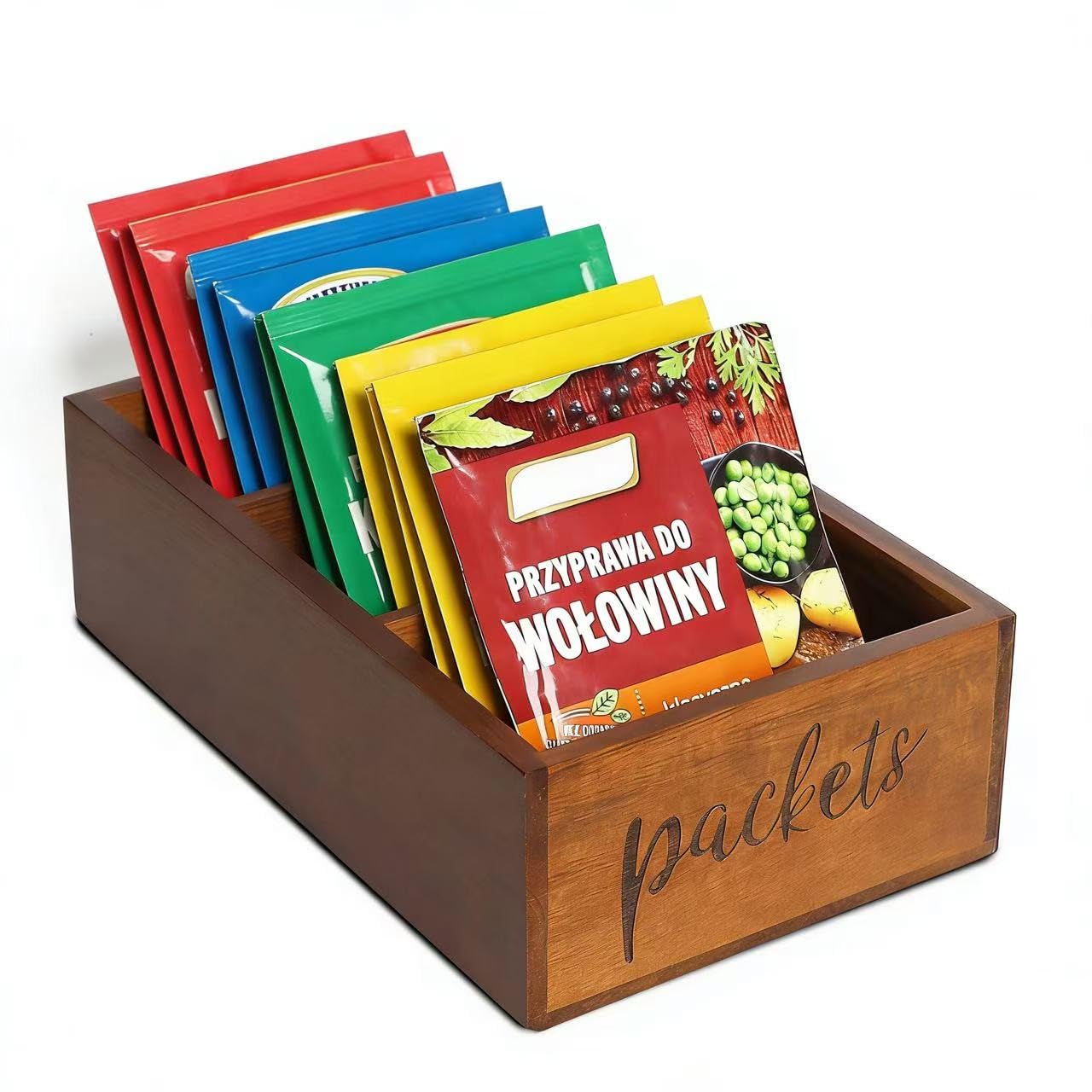LBEMEY Packet Organizer, Acacia Wood Packet Storage Organizer with 3 Compartments,Farmhouse Kitchen Organization for Spice, Gravy, Taco, and Dressings Packets for Kitchen, Brown Labeled Packets