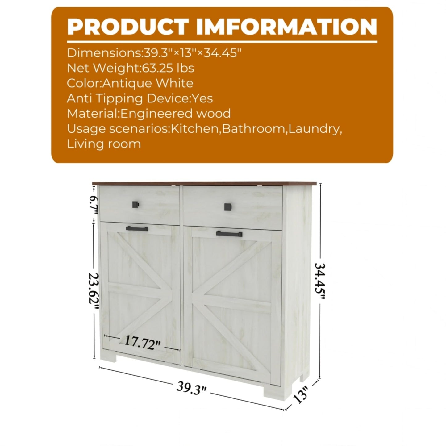 WEALTHGIRL Farmhouse Double Tilt-Out Trash Cabinet for 20-Gallon Trash Cans,Recycling Cabinet with Hidden Drawer, Barn Door Style Laundry Sorter Cabinet,for Kitchen, Bathroom, and Living Room