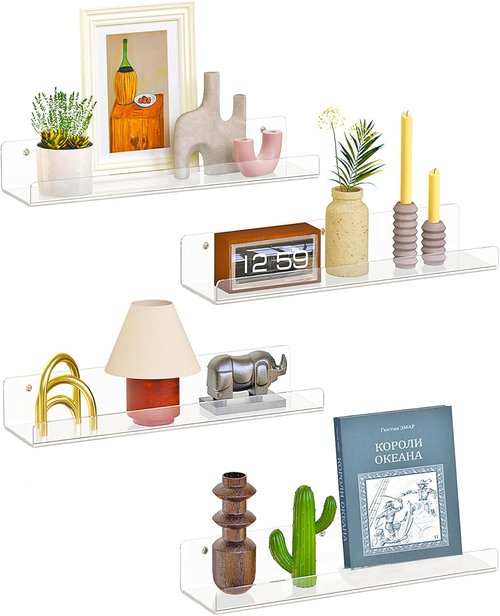 Dooiclear 15" Acrylic Floating Shelves - 4 Pack Wall Display Organizers for Home & Office Decor