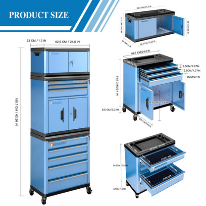 LARBANKE 8 Drawer Rolling Tool Chest with Locks&360° Wheels,Tool Cabinet with Multifunctional Countertop,Tool Chest with Connection Rods,Can Be Used as 3 Individual Units or Combine a Large One