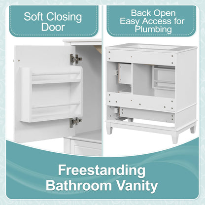 30" Bathroom Vanities with Ceramic Sink, Storage Cabinet with 3 Drawers and Door Shelf, Soft-Closing Door, Solid Wood Legs, White