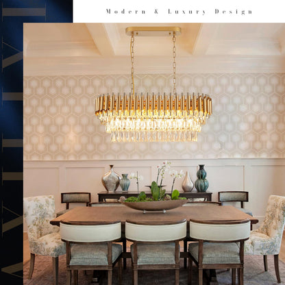 A AXILIXI Modern Rectangular Chandelier Gold Crystal Chandeliers for Dining Room 8-Light Linear Ceiling Pendant Light Long 32” Luxury Oval Chandelier for Kitchen Island Living Room