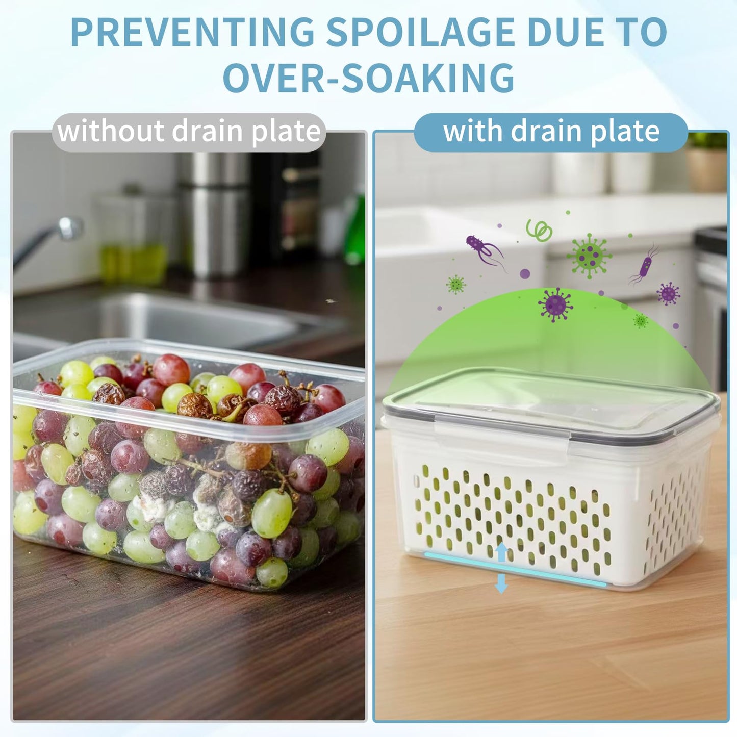 Dukrouk Grape Container for Fridge,3PCS(0.9Qt - 13.5Qt),Leakproof Grape Container with Removable Colander,Dishwasher & microwave safe Produce Containers,Keep Fruits, Vegetables, Meat Fresh Longer