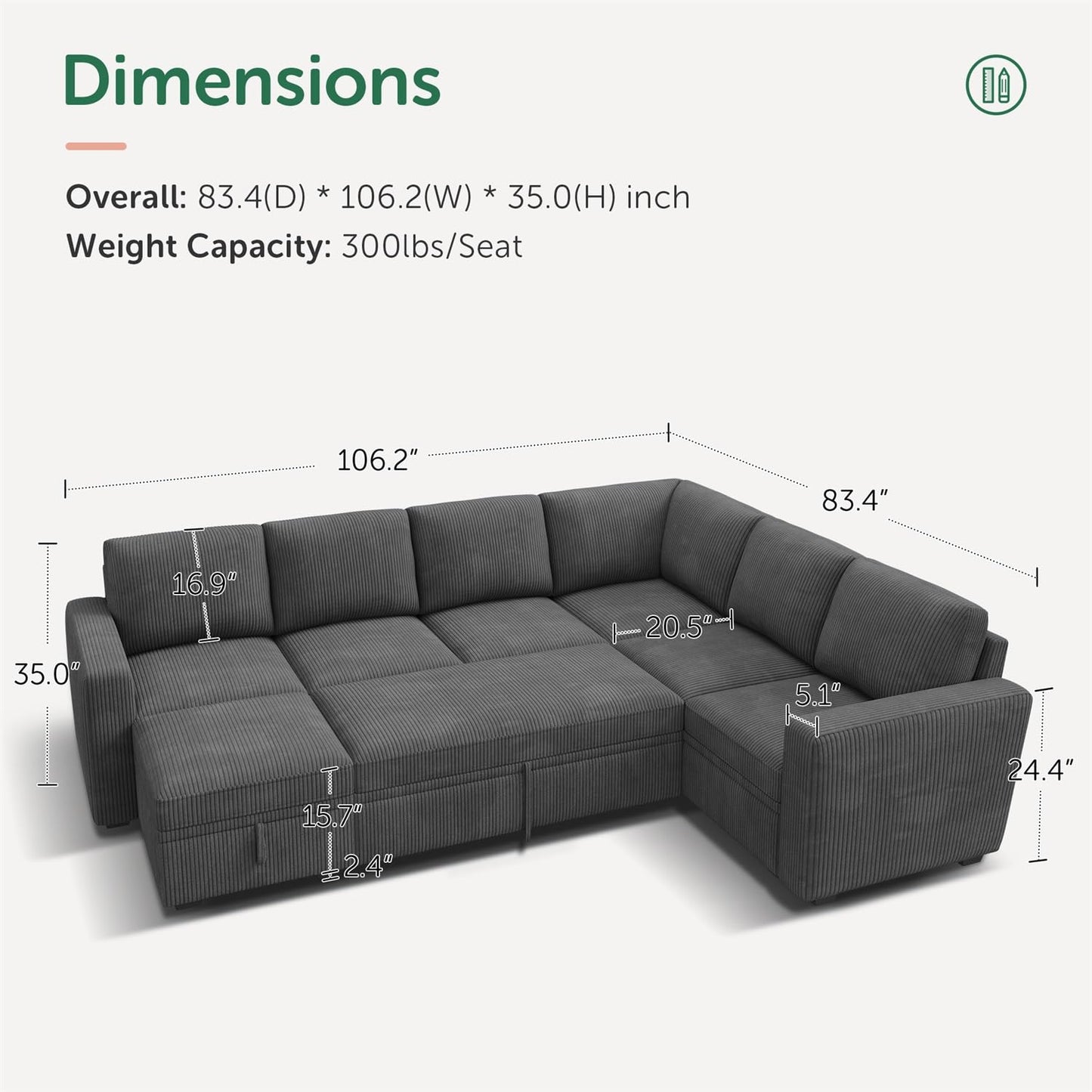 HONBAY Modular Sectional Couch with Pull Out Bed, Corduroy Sleeper Sofa with Storage Ottoman, U Shaped Sectional Couches for Living Room, Dark Grey