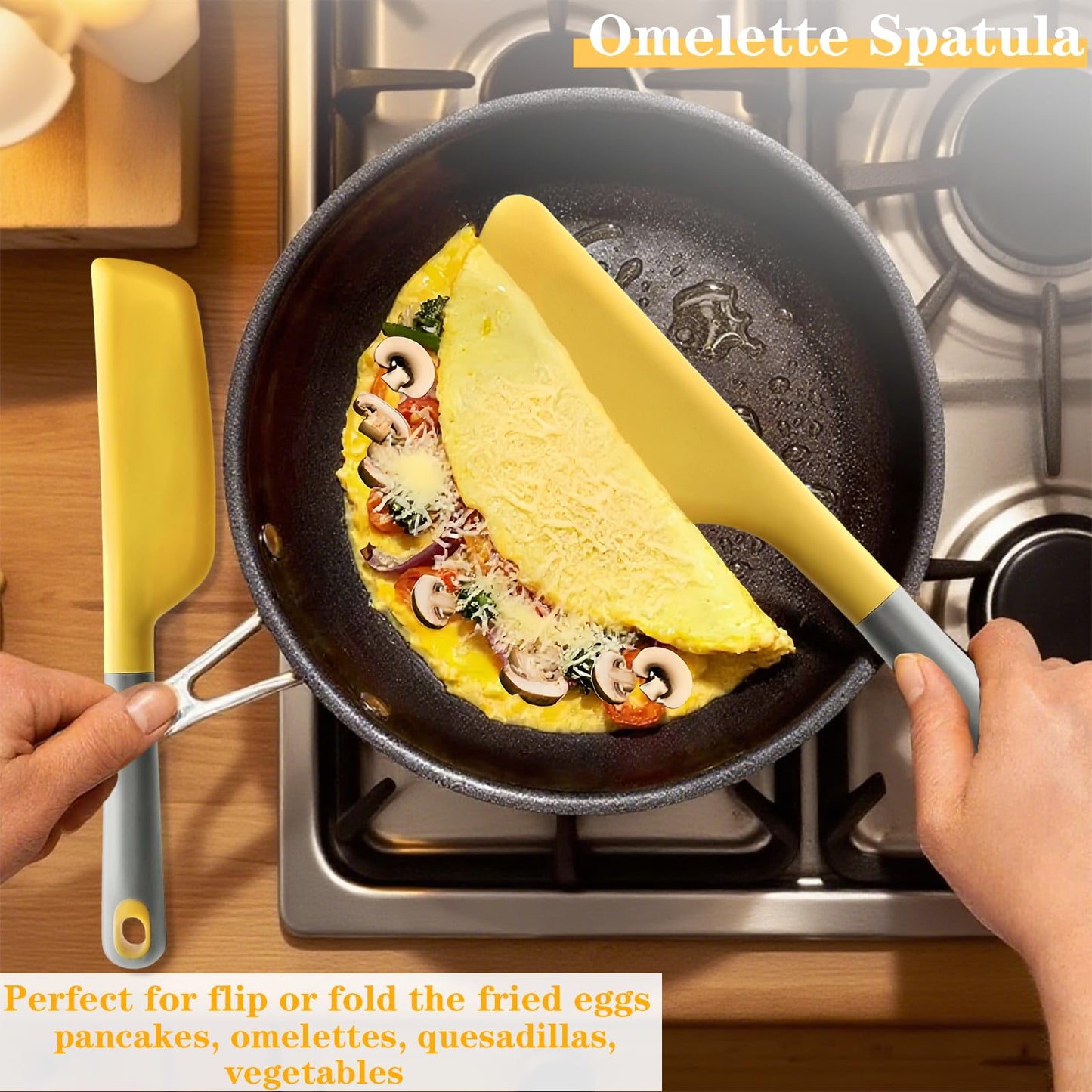 Bigwinyep Omelette Spatula, Silicone Spatula Heat Resistant Flip and Fold Omelette Turner for Kitchen Omelet Pancake Crepes, Yellow