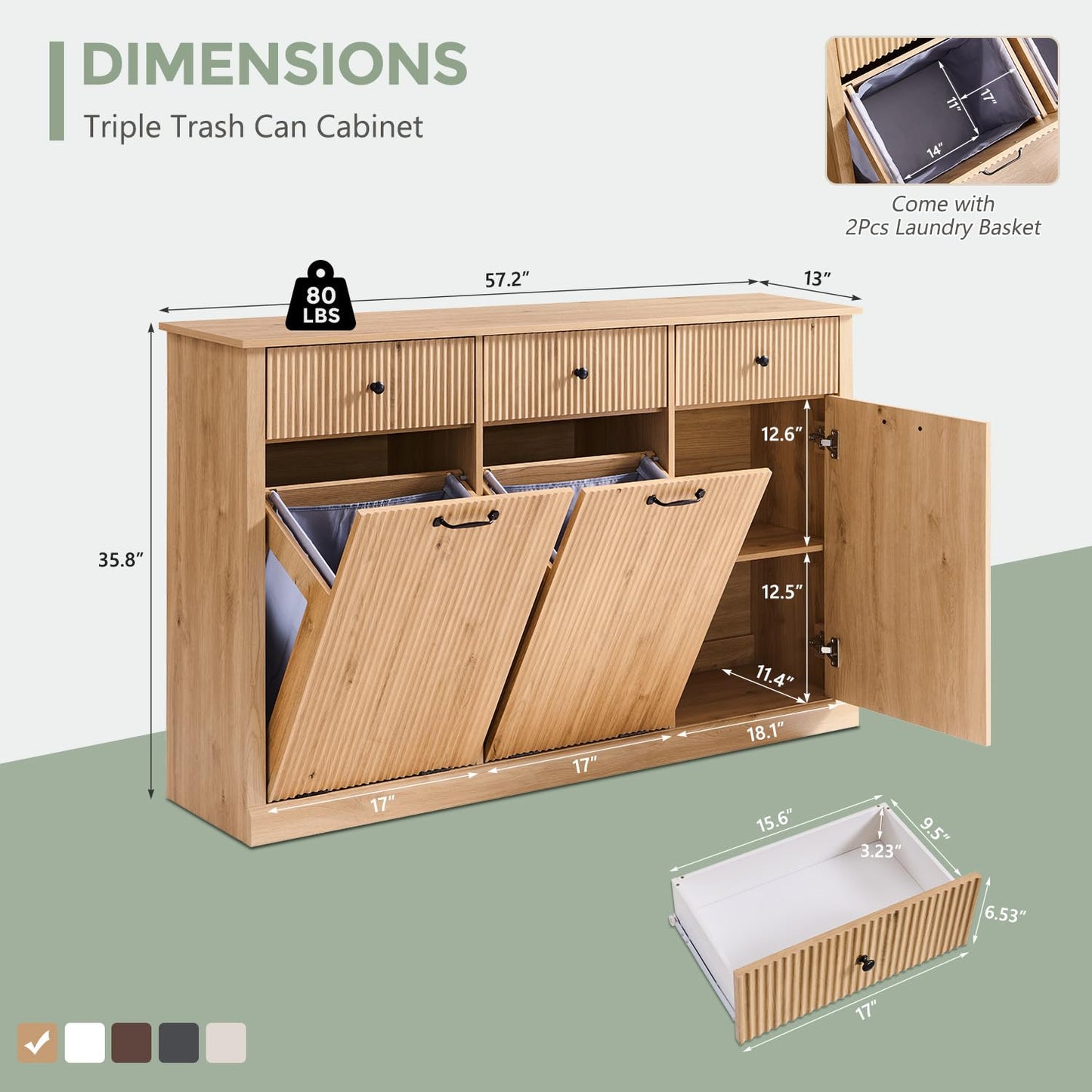 IFGET Triple Tilt Out Trash Can Cabinet, Modern Fluted Laundry Hamper Cabinet with 3 Drawers, 20 Gallon Hidden Wooden Garbage Can Cabinet w/Storage Basket & Adjustable Shelf, for Kitchen, Natural Oak
