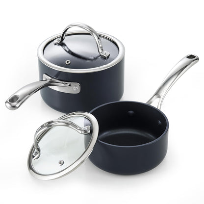 Cooks Standard Classic 1 Quart and 2 Quart Nonstick Saucepan Set with Glass Lids, Hard Anodized Non Stick Sauce Pans, Small Kitchen Cooking Sauce Pots Mini Milk Pans, Dishwasher Safe Cookware, Black