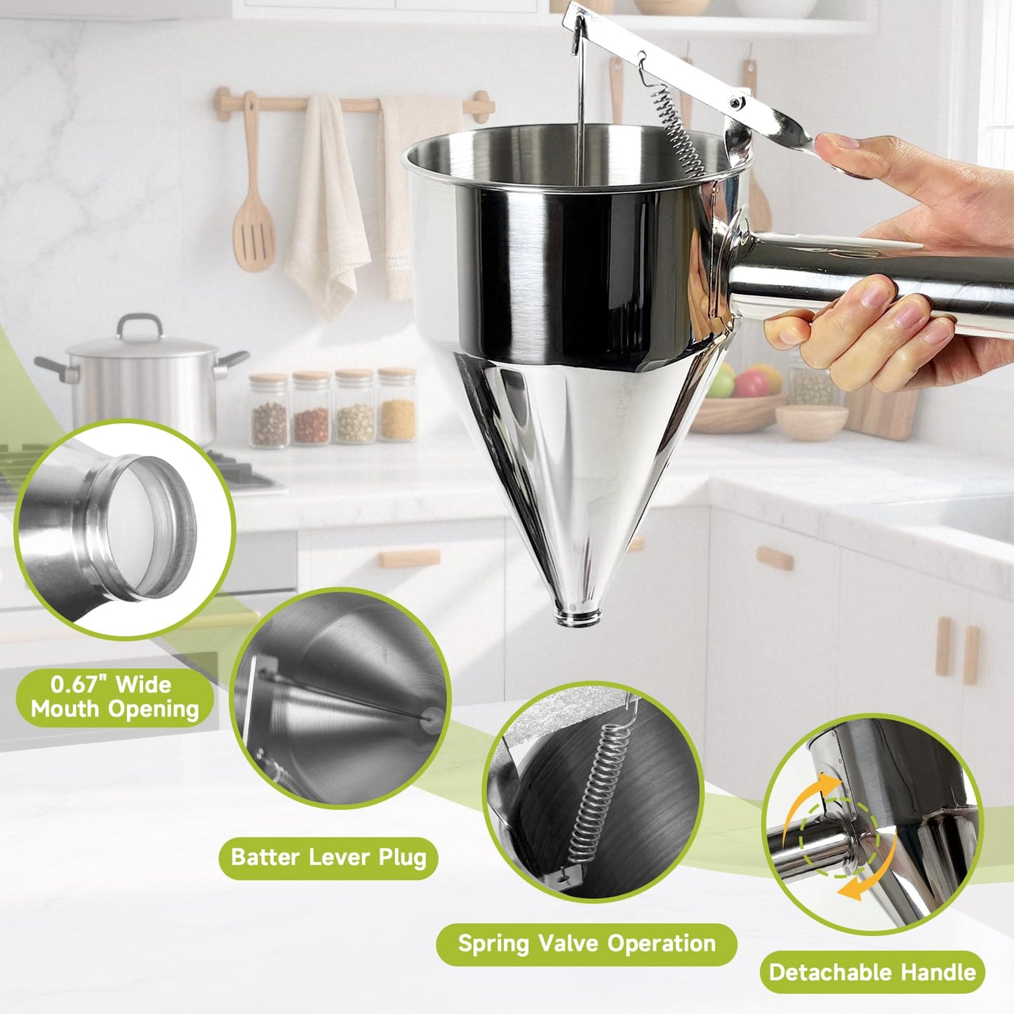 Lyhubmh 40oz Stainless Steel Pancake Batter Dispenser, Pancake Dispenser with Stand and Squeeze Handle, 4 Interchangeable Nozzles for Pancakes, Cupcakes, Waffles and Baked Goods