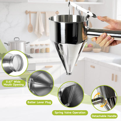 Lyhubmh 40oz Stainless Steel Pancake Batter Dispenser, Pancake Dispenser with Stand and Squeeze Handle, 4 Interchangeable Nozzles for Pancakes, Cupcakes, Waffles and Baked Goods