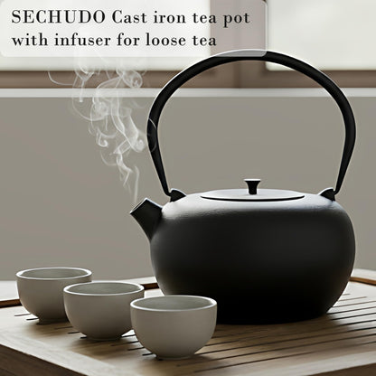 SECHUDO 67.6oz Cast Iron Teapot for Stovetop Safe, Black Chinese Tea Kettle with Stainless Steel Infuser for Loose Leaf, Heavy and Large Tea Pot for Induction Cooker, Teapot Enameled Interior