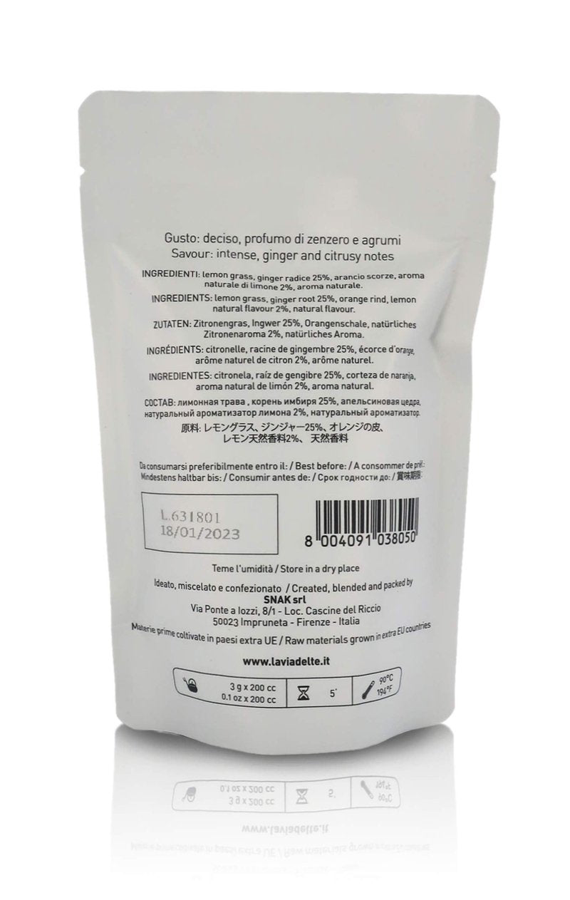 La Via del Te Herbal Tea Ginger Lemon, Revitalizing Herbal Tea with Lemongrass & Ginger, Pouch, 40g / 1.41oz (Pack of 2 Pieces)