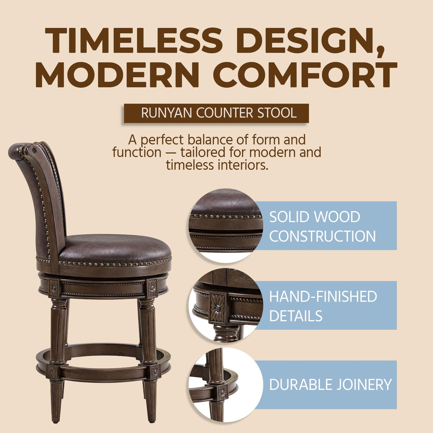 ROME + OAK Runyan 26" Swivel Counter Stool, Rotating High Back Barstool in Dark Walnut Finish with Vintage Brown Vegan Leather Seat