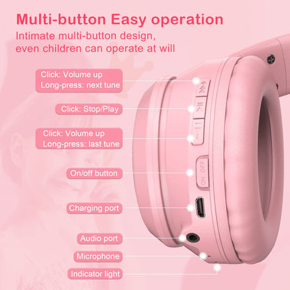 SIMGAL Pink Bluetooth Cat Ear Headphones for Kids & Adults, Wireless & Wired Mode Foldable Headset with Mic - Clear Sound Quality - RGB LED Light, for Girls School Gaming, for Phone/Laptop/PC/Tablet