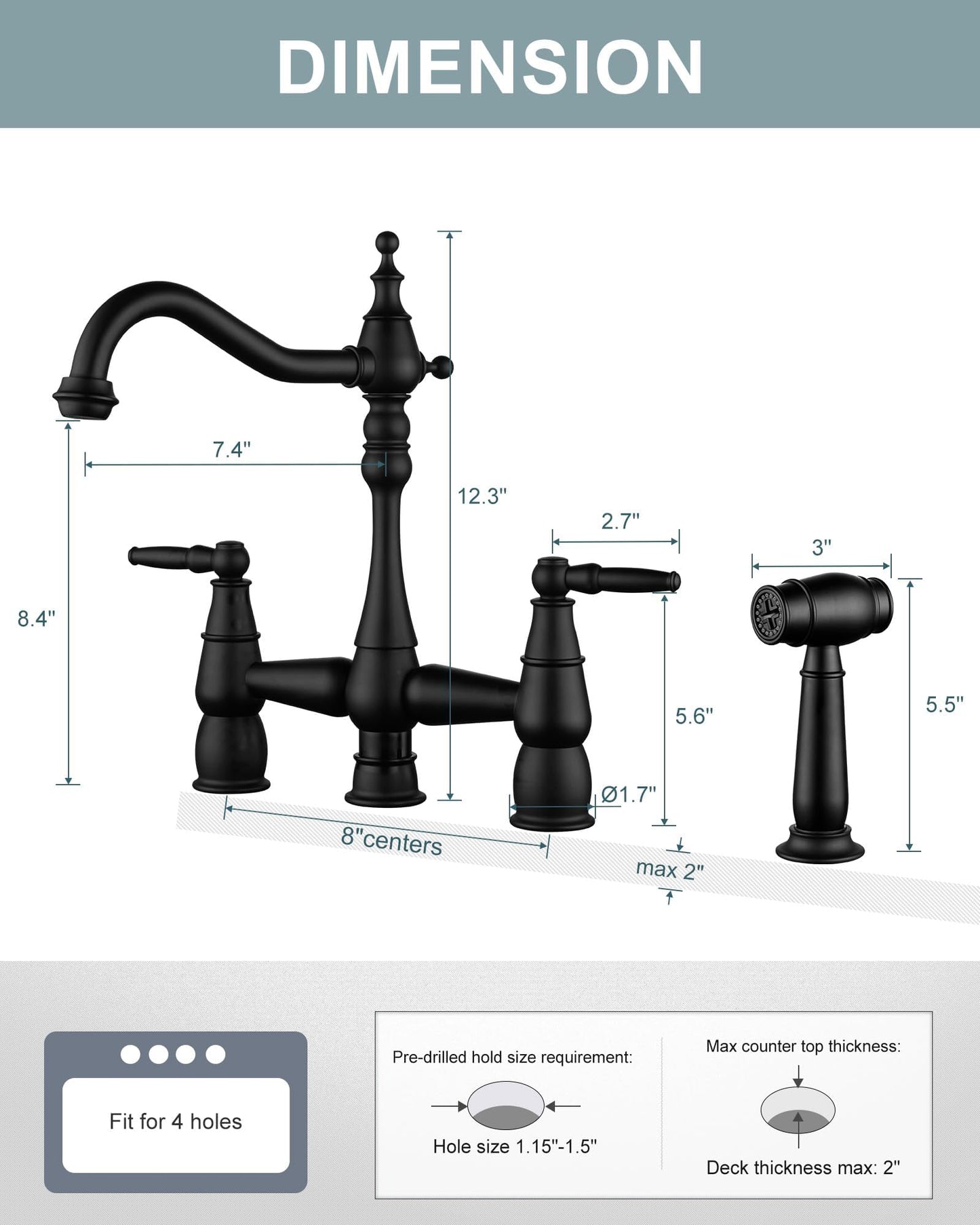 ALEASHA Bridge Centerset Kitchen Sink Faucet, Deck Mount Brass Kitchen Faucet with Side Sprayer, 2 Handle 4 Hole 360° Swivel Vintage Farmhouse Copper Faucet, Matte Black
