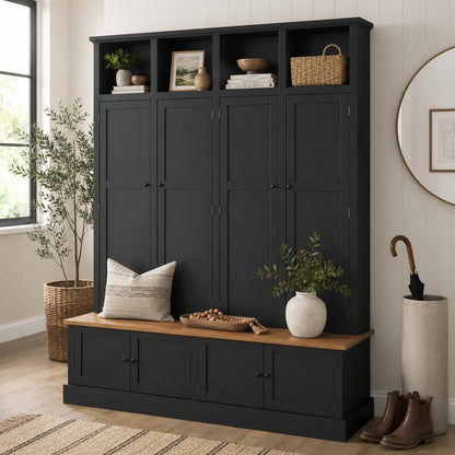 FILWY Vibe Haus 76.7 Inch Farmhouse Hall Tree, 4-in-1 Entryway Bench with Coat Rack, Cabinet, Open Cubbies and Hooks, MDF Storage Organizer for Hallway, Mudroom, Living Room,Black