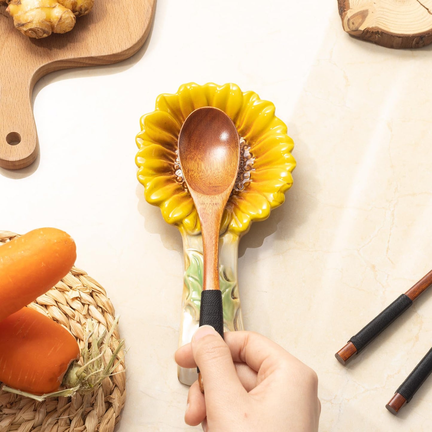 2 Pack Spoon Rest for Stove Top, Sunflower Ceramic Spoon Holder for Kitchen Counter Cooking Utensil Ladle Spatula Holder Cute Spoon Rest Sunflower Kitchen Decor Items House Warming Birthday Gift