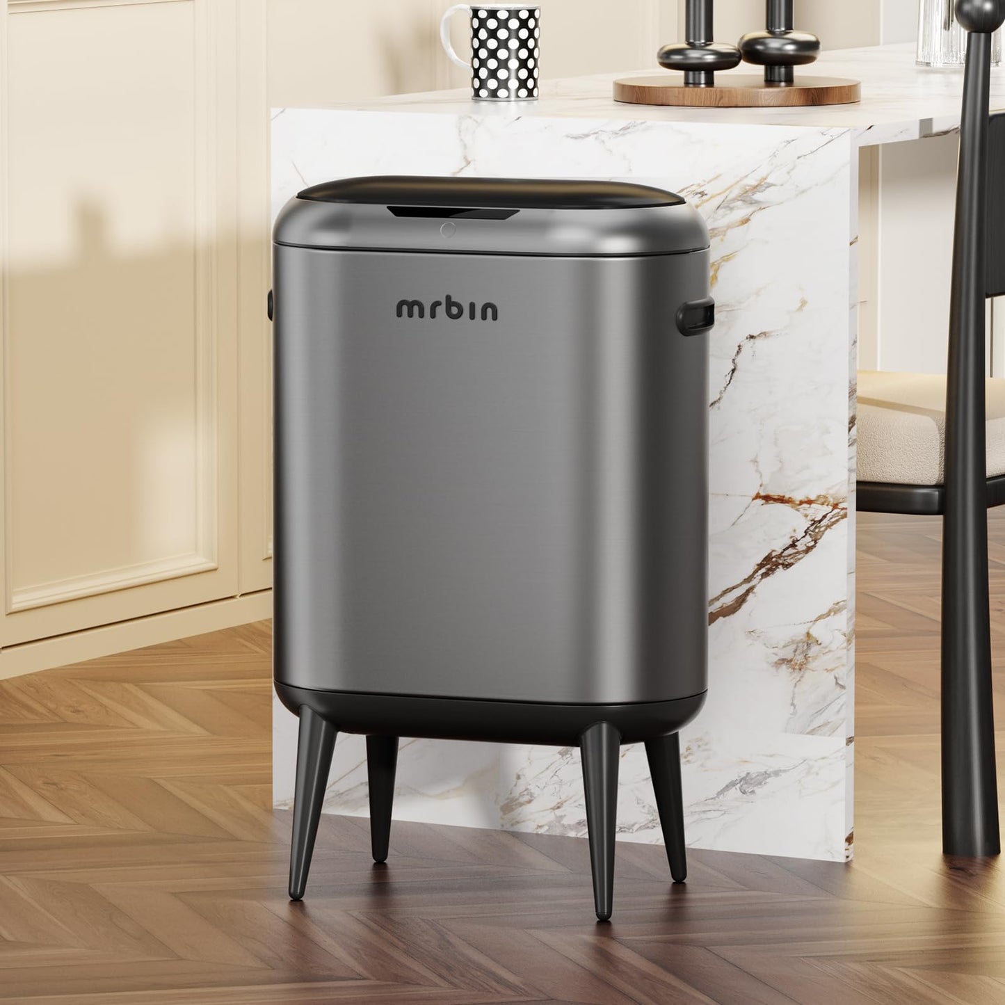 MRBIN 40L/11Gal Slim Sensor Trash Can with Legs, Touchless Motion Sensor Garbage Bin,Side Handles, Narrow Automatic Waste Basket for Kitchen, Living Room, Bedroom, Eclipse Grey