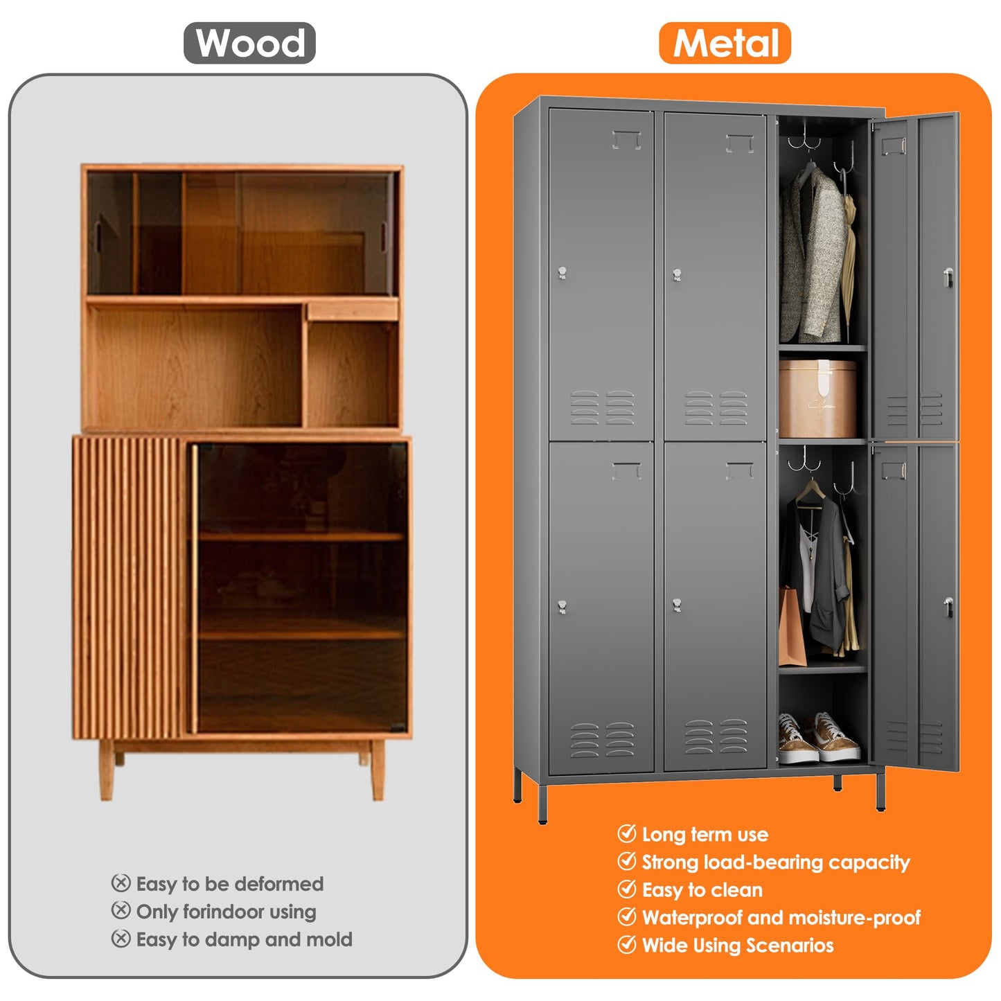 Aobabo Metal Locker for Employees, 6 Doors Metal Locker Cabinet with Lock, Industrial Storage with 18 Hooks, Storage for Office, Gym, Dormitory, Assembly Required, Dark Grey