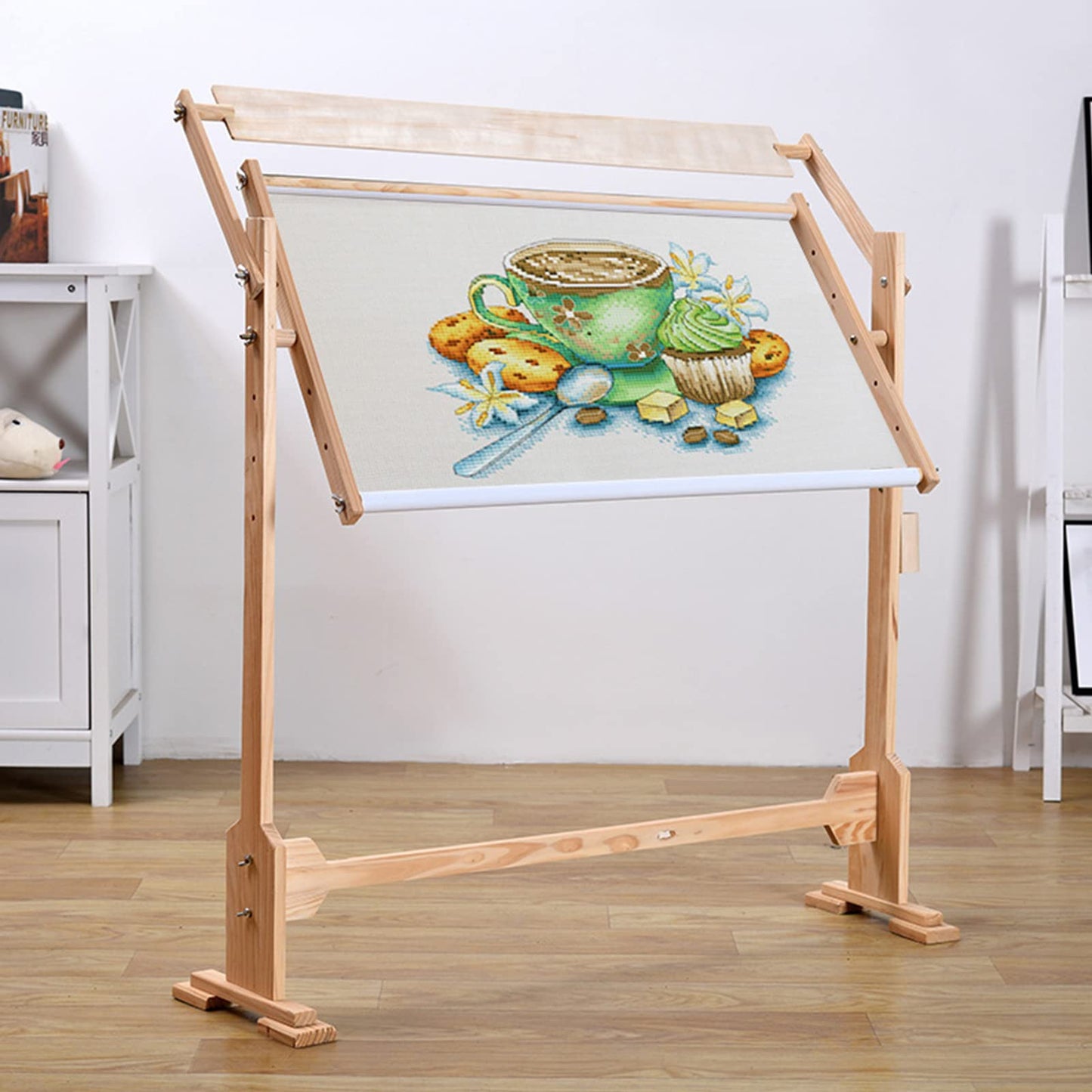 ntumLeap Cross Stitch Frame Adjustable Embroidery Stand, Wooden Frame Cross Stitch Floor Stand 360° Rotated Needlework Stand Holder Lap Table Craft Sewing Tool with Scroll Frame
