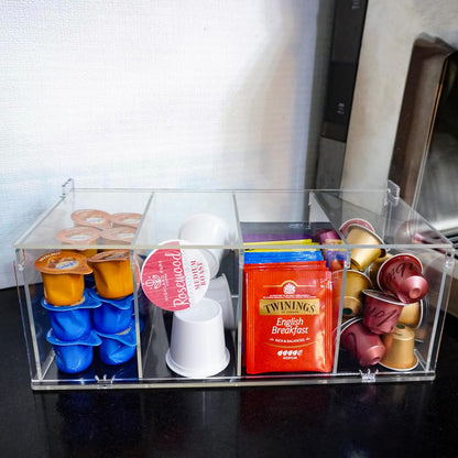 RR RAXMIN Coffee Capsule Holder Acrylic Box K Cup Holder Coffee Pod Storage Clear Acrylic 4 Compartment with Lid Organizer Coffee Bar Accessories
