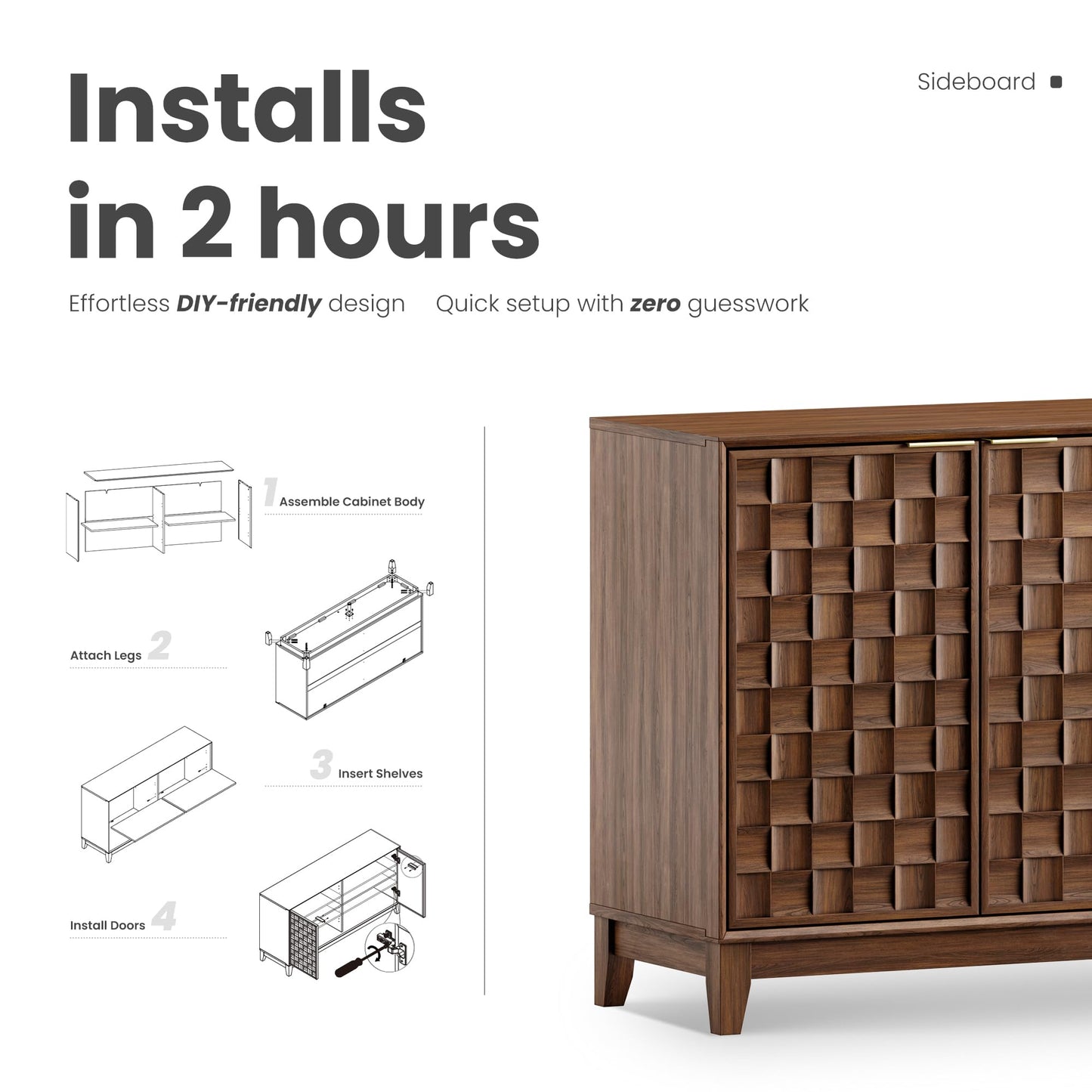 MALOL Fluted Sideboard Buffet Cabinet with Storage, 59" Wood Buffet Table with 4 3D-Checkerboard Doors & Adjustable Shelves, Kitchen Dining Room Coffee Bar Cabinet, Mid Century Modern Style, Walnut