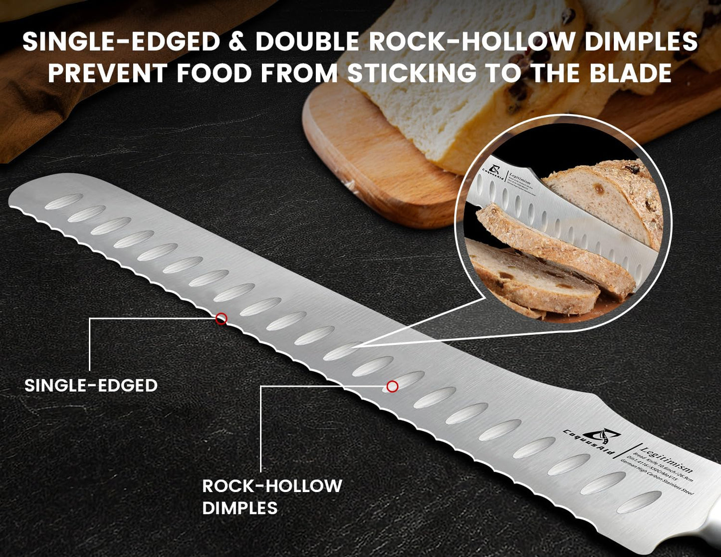 CoquusAid Bread Knife for Homemade Bread, 10.6 Inch Multifunction Serrated Knife, Razor Sharp Slicer, High Carbon German Steel Bread Cutter, Ergonomic Handle Design for Sourdough Turkey Fruit Cutting